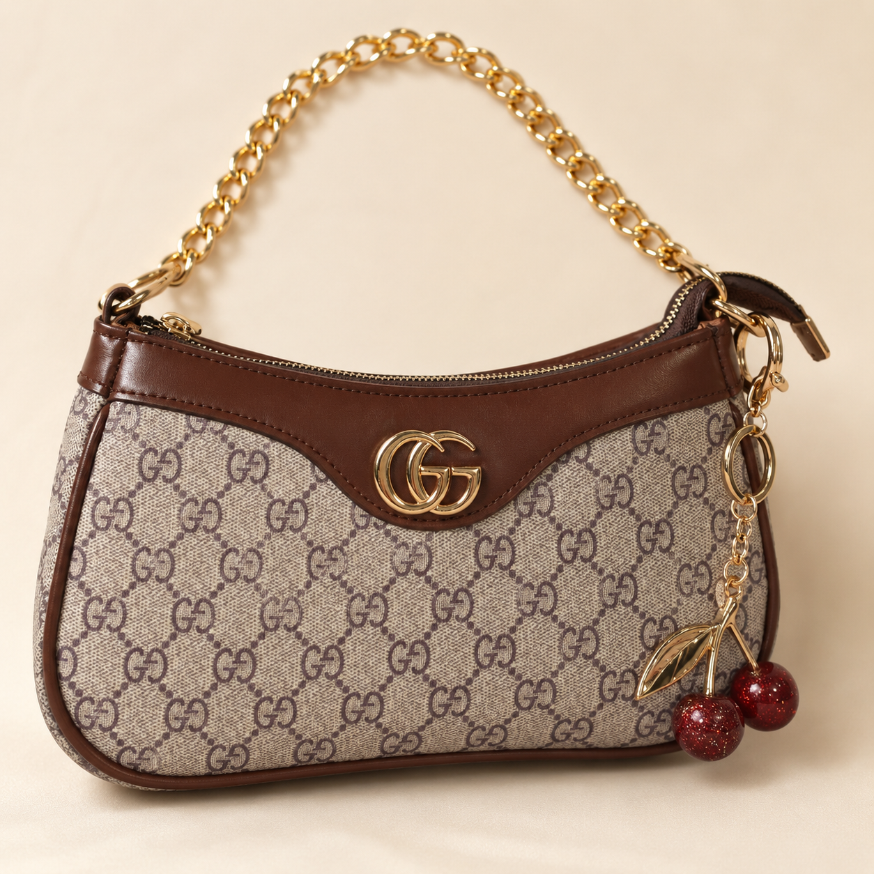 Hazel — Brown/Beige Bag with Cherry Charm