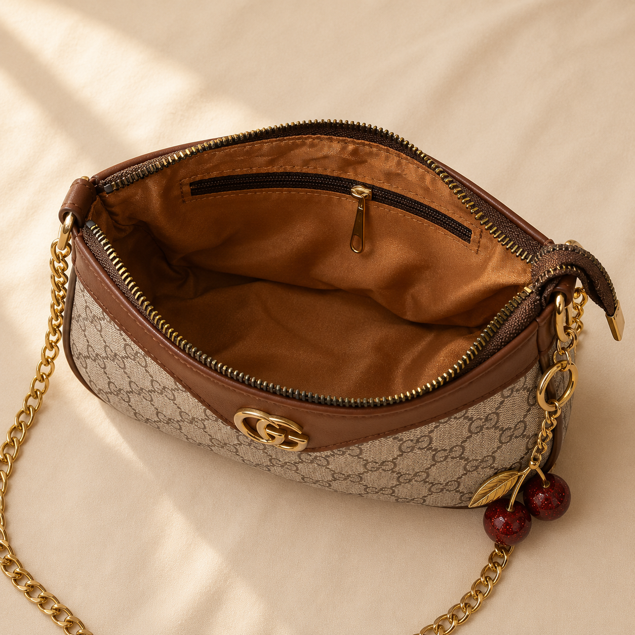 Hazel — Brown/Beige Bag with Cherry Charm